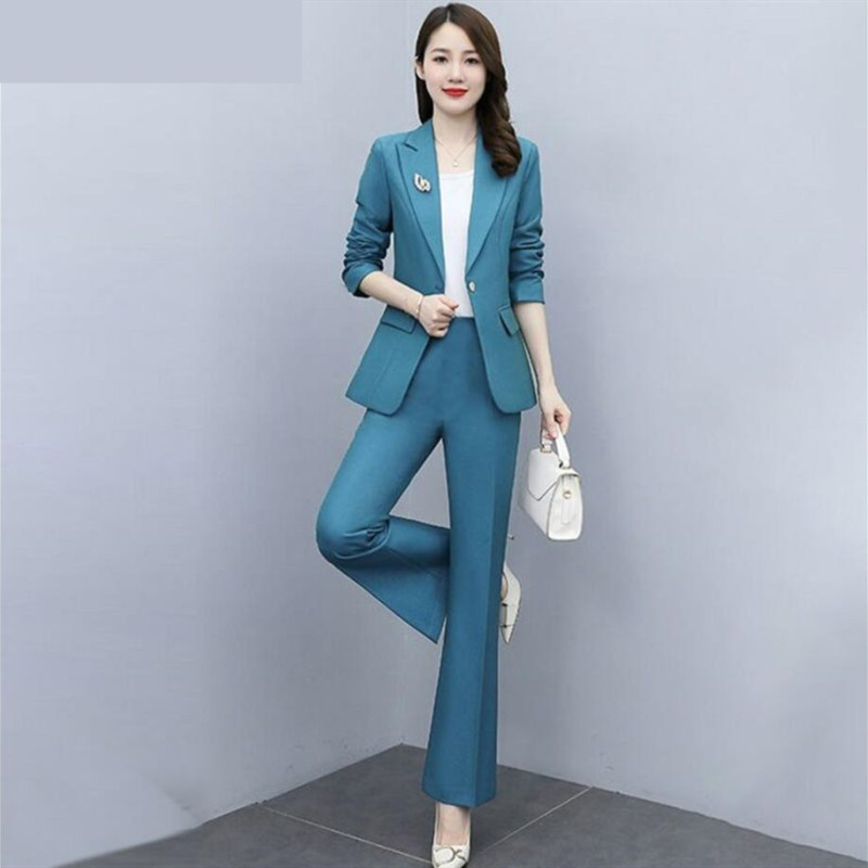 Koreai női kecses blézer hosszú nadrág kétrészes szett tavaszi őszi irodai hölgy fekete öltöny kabát nadrág ruhák munkaruhák