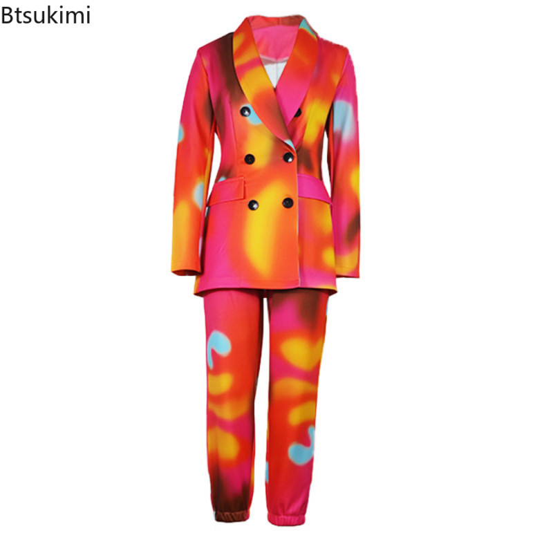 Új, nyomtatott, kétrészes női szett, hosszú ujjú, rovátkolt blézer és hosszú nadrág szett, 2022. őszi elegáns OL 2 részes blézer szett, nyakkendőfesték