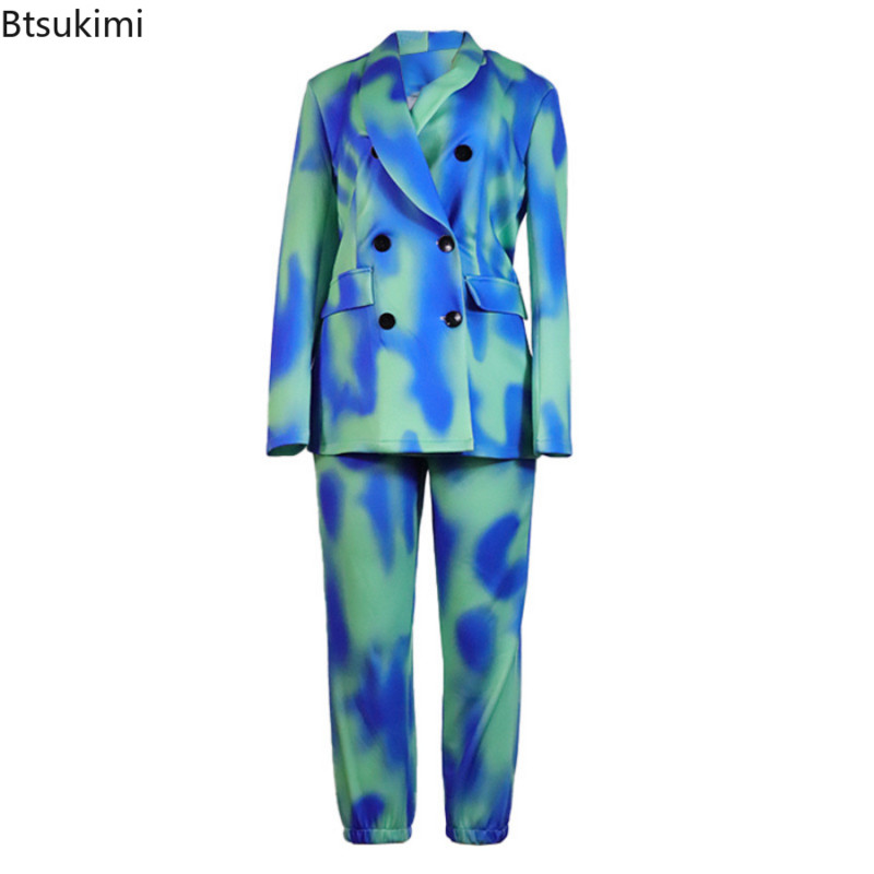 Új, nyomtatott, kétrészes női szett, hosszú ujjú, rovátkolt blézer és hosszú nadrág szett, 2022. őszi elegáns OL 2 részes blézer szett, nyakkendőfesték