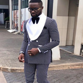 Kétsoros pöttyös alkalmi férfi öltönyök fehér kendős hajtóka 2 részes karcsú szabású esküvői szmoking férfi divatos jelmez dzseki nadrág