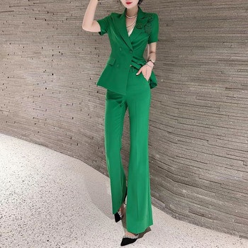 Μονόχρωμα κοστούμια 2023 Γυναικεία νέα κοντομάνικα κοστούμια ανοιξιάτικη και καλοκαιρινή κορεάτικη φόρμα σετ blazer παντελόνι Γυναικείο μακρύ παντελόνι T44