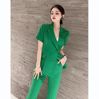 Μονόχρωμα κοστούμια 2023 Γυναικεία νέα κοντομάνικα κοστούμια ανοιξιάτικη και καλοκαιρινή κορεάτικη φόρμα σετ blazer παντελόνι Γυναικείο μακρύ παντελόνι T44