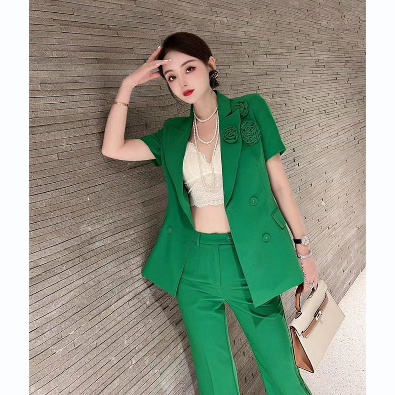 2023 Egyszínű öltönyök, női új, rövid ujjú tavaszi és nyári koreai stílusú öltöny blézer szettek nadrág női hosszú nadrág T44