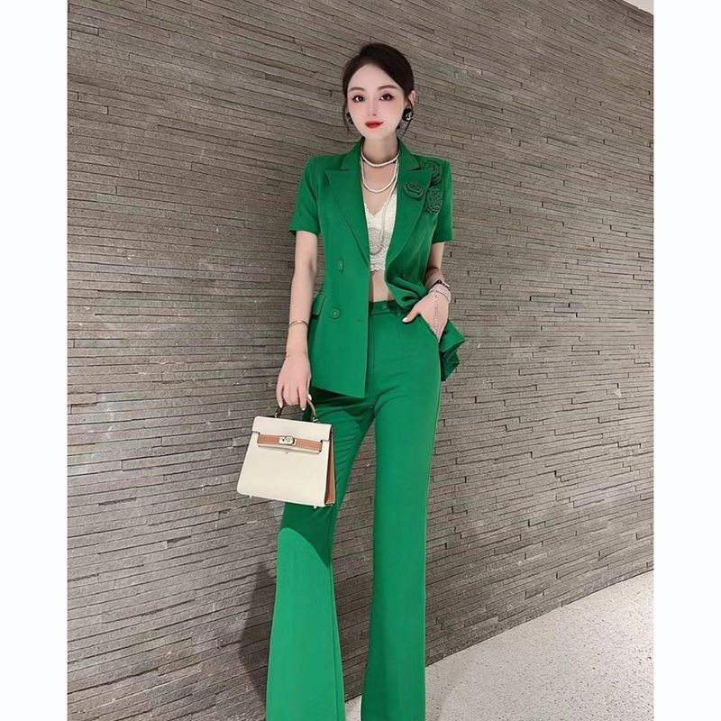 2023 Egyszínű öltönyök, női új, rövid ujjú tavaszi és nyári koreai stílusú öltöny blézer szettek nadrág női hosszú nadrág T44