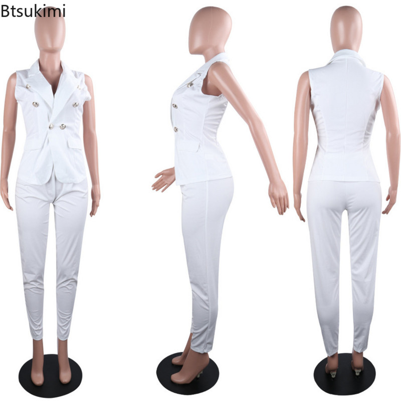 Új női nyári kétrészes szettek Irodai viselet Elegáns OL stílusú mellény felsők és nadrág öltöny mellény kabát nadrág szettek női blézer