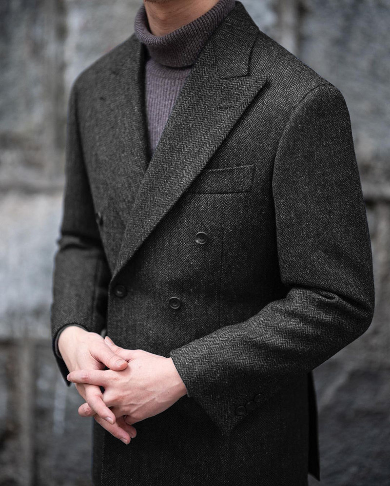 2022 téli barna tweed férfi öltöny hivatalos üzleti halszálkás kétsoros csúcsos hajtóka férfi esküvői szmoking irodai ruha 2 db