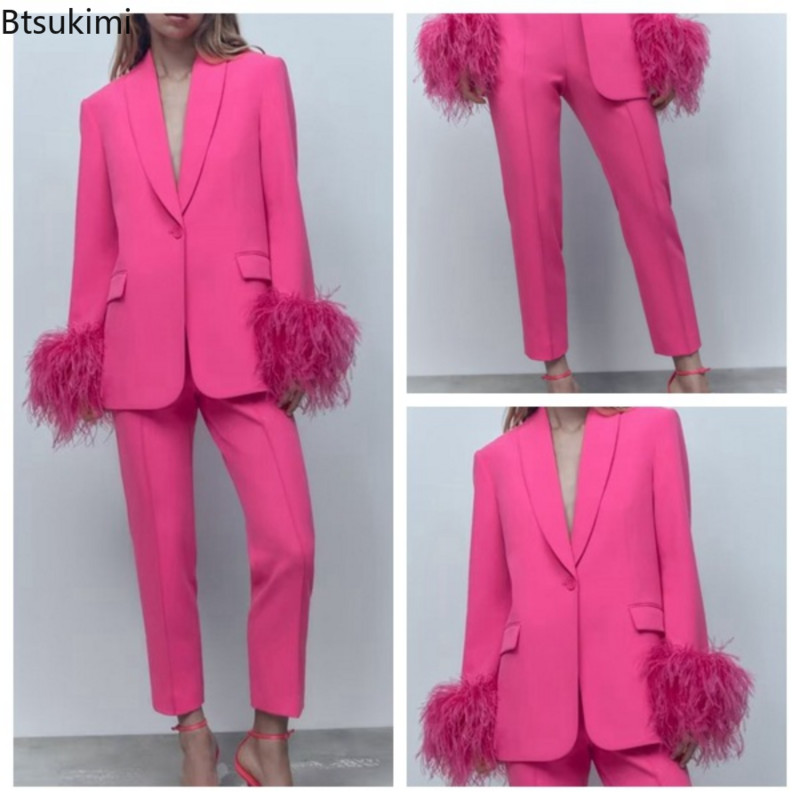 Új zöld tollas blézer női 2022-es hosszú ujjú blézer készletek Stílusos gombos női blézer öltönyök őszi kabát blézer női szettek