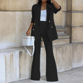 Női blézer nadrágok, duplasoros blézer magas derekú, lobogó nadrág öltöny irodai női alkalmi hajtóka öltöny kabát nadrág 2 részes készlet