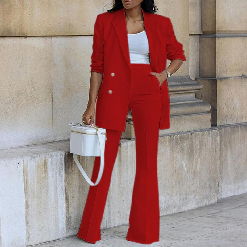 Női blézer nadrágok, duplasoros blézer magas derekú, lobogó nadrág öltöny irodai női alkalmi hajtóka öltöny kabát nadrág 2 részes készlet