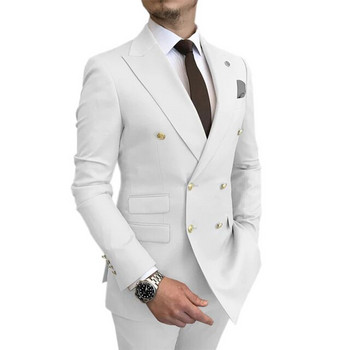 Най-новите двуредни мъжки костюми за 2022 г. Slim Fit White Peaked Lapel Официален младоженец костюм за сватбено парти Traje De Novio