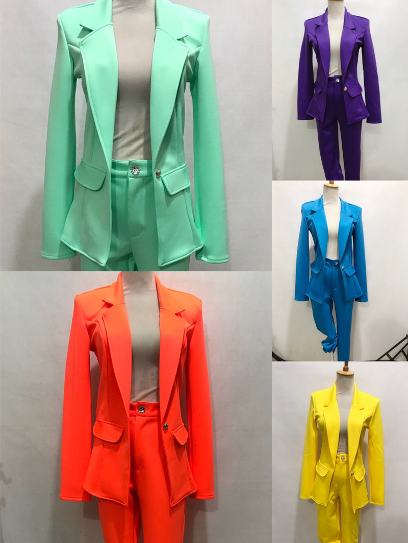 Női egyszínű alkalmi nadrág öltöny üzleti szett narancs lila blézer nadrág 2 részes ruhák énekes jazz modern tánc jelmez