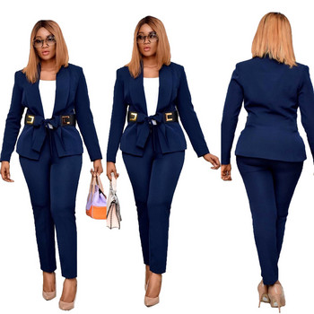 Δωρεάν Pu Leather Sashes Blazer Suit 2 Piece Set 2023 Women Office Commute Blazer Σετ παντελόνια με μολύβι μέσης υψηλής ελαστικότητας χωρίς κουμπιά