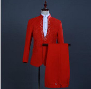 Baltas išsiuvinėtas deimantinis kostiumas vyriškas vestuvinis jaunikis smokingo kostiumas vyriškas stovo apykaklė Prom scenos kostiumas vyriškas kostiumas su kelnėmis Ternos