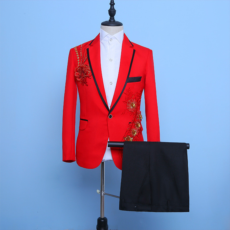 Baltas išsiuvinėtas deimantinis kostiumas vyriškas vestuvinis jaunikis smokingo kostiumas vyriškas stovo apykaklė Prom scenos kostiumas vyriškas kostiumas su kelnėmis Ternos