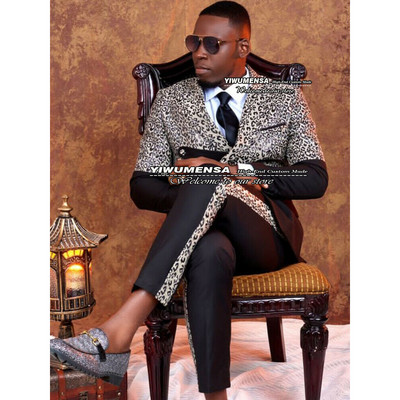 Fekete/arany leopárd öltönyök férfi karcsú szabású, hétköznapi, kétsoros kabát, nadrág dizájn, legújabb dohányzó vőlegény blézer Traje De Hombre