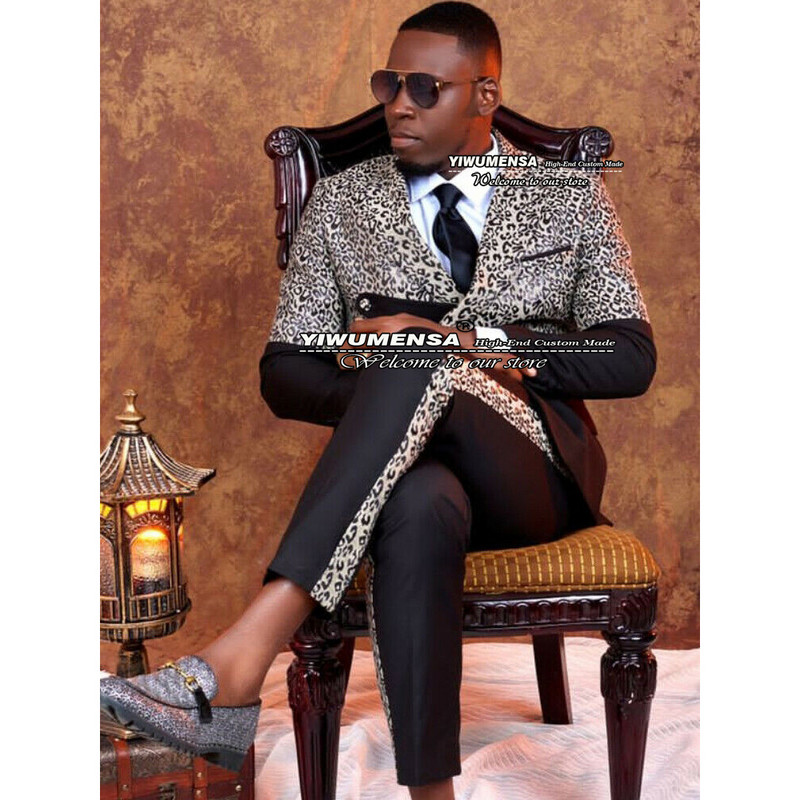 Fekete/arany leopárd öltönyök férfi karcsú szabású, hétköznapi, kétsoros kabát, nadrág dizájn, legújabb dohányzó vőlegény blézer Traje De Hombre