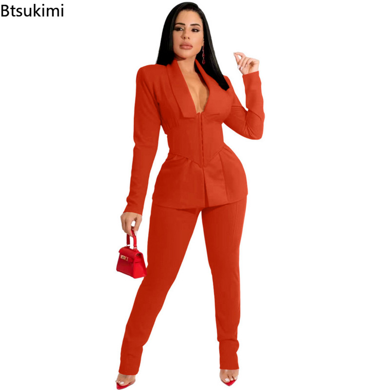 2022-es női nadrágkosztüm Houndstooth nyomattal, rejtett mellű blézerek felsők Ceruzanadrág, két darab 2 részes szett Irodai női divatruhák