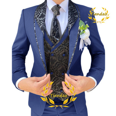 Esküvői öltöny férfiaknak formális blézer nadrág mellény három részes vőlegény dzseki szett Jacquard karcsú viselet conjuntos de chaqueta