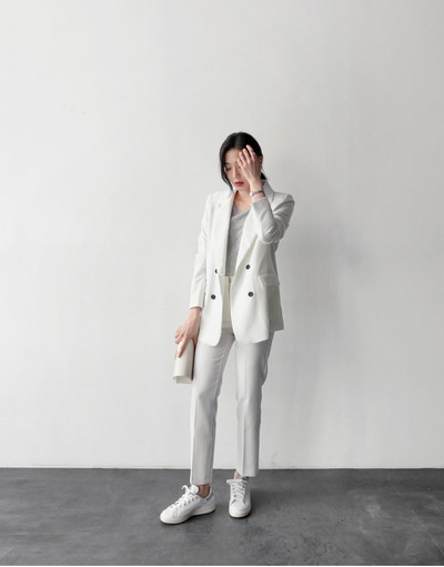 Insozkdg női öltöny szettek Csíkos laza alkalmi blézerek felsők széles szárú nadrágok tömör koreai elegáns kétrészes szett tavaszi női ruhák