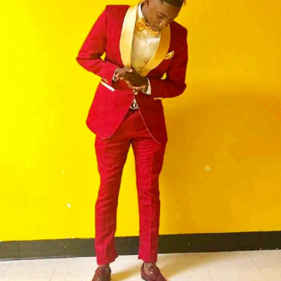 Vőlegények királykék mintás vőlegény szmoking kendő, arany hajtóka, férfi öltöny 2 darabból, esküvői vőlegény (kabát+nadrág+nyakkendő)