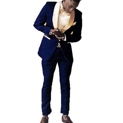 Vőlegények királykék mintás vőlegény szmoking kendő, arany hajtóka, férfi öltöny 2 darabból, esküvői vőlegény (kabát+nadrág+nyakkendő)