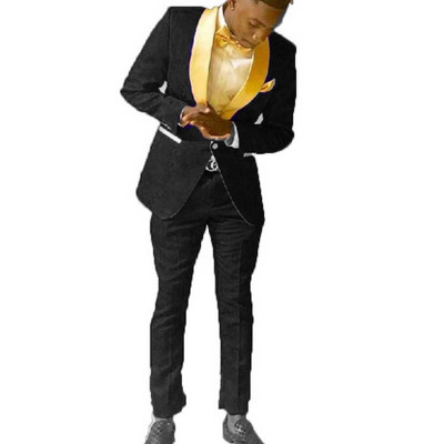 Vőlegények királykék mintás vőlegény szmoking kendő, arany hajtóka, férfi öltöny 2 darabból, esküvői vőlegény (kabát+nadrág+nyakkendő)