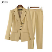 Professzionális öltönyök női tavaszi új divat formális temperamentum alkalmi sárga karcsú blézer és nadrág irodai női munkaruházat kék