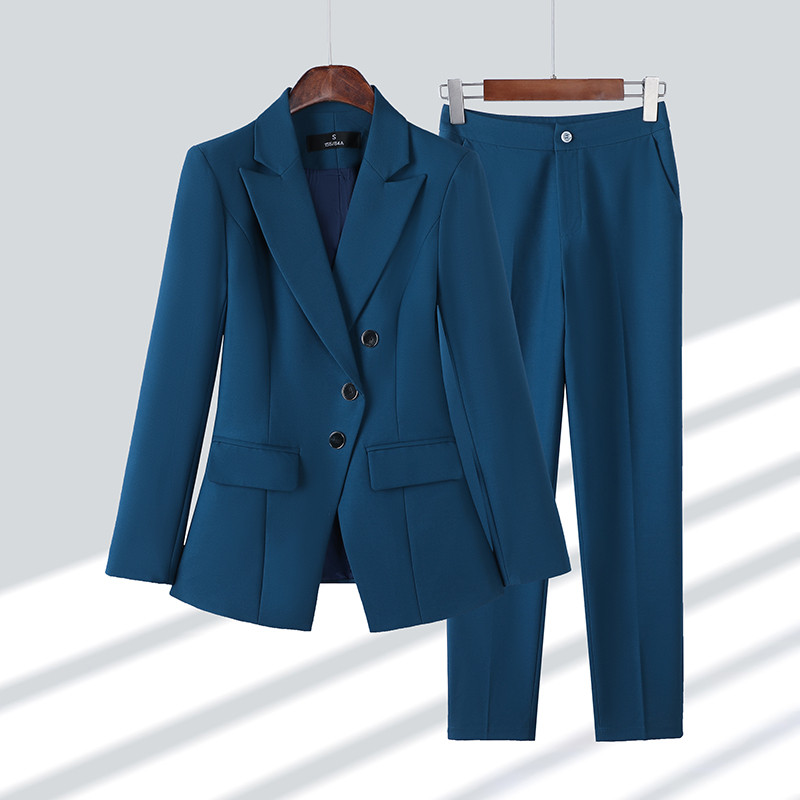 Professzionális öltönyök női tavaszi új divat formális temperamentum alkalmi sárga karcsú blézer és nadrág irodai női munkaruházat kék