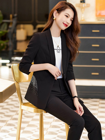 Γυναικείο κοστούμι παντελόνι μόδας Επίσημο γυναικείο επαγγελματικό φόρεμα γραφείου και παντελόνι Μπλε λευκό μαύρο μασίφ Σετ 2 τεμαχίων