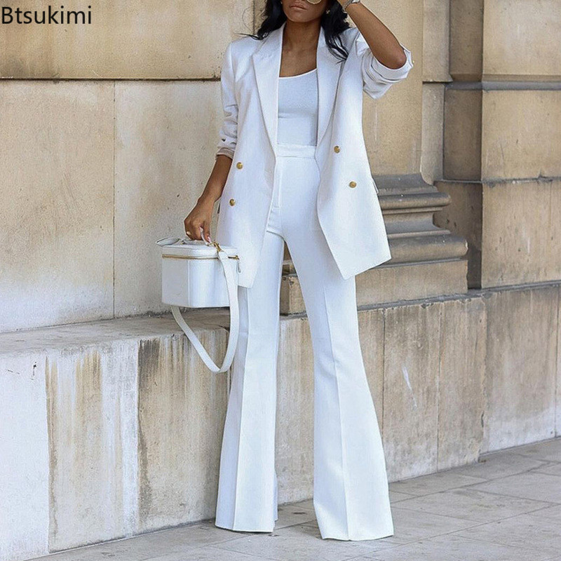 Új, 2022-es, elegáns női tréningruha, duplasoros blézerek és egyenesen lobogó nadrágkosztüm, masszívan illeszkedő két 2 részes készlet