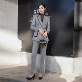 Új szürke ezer madár mintás elegáns irodai alkalmi blézer nadrág öltöny kabát női hosszú ujjú vékony őszi osztott 2 részes női szett