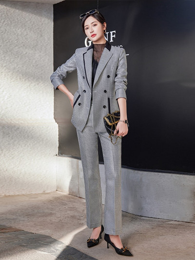 Új szürke ezer madár mintás elegáns irodai alkalmi blézer nadrág öltöny kabát női hosszú ujjú vékony őszi osztott 2 részes női szett