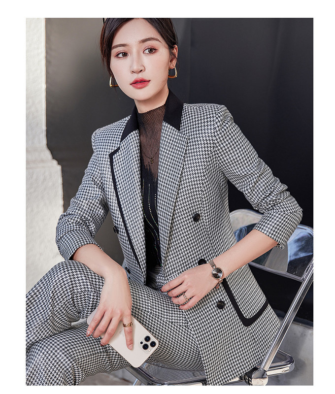 Új szürke ezer madár mintás elegáns irodai alkalmi blézer nadrág öltöny kabát női hosszú ujjú vékony őszi osztott 2 részes női szett
