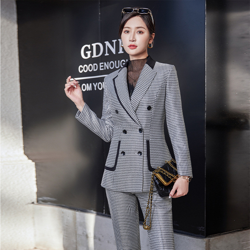 Új szürke ezer madár mintás elegáns irodai alkalmi blézer nadrág öltöny kabát női hosszú ujjú vékony őszi osztott 2 részes női szett