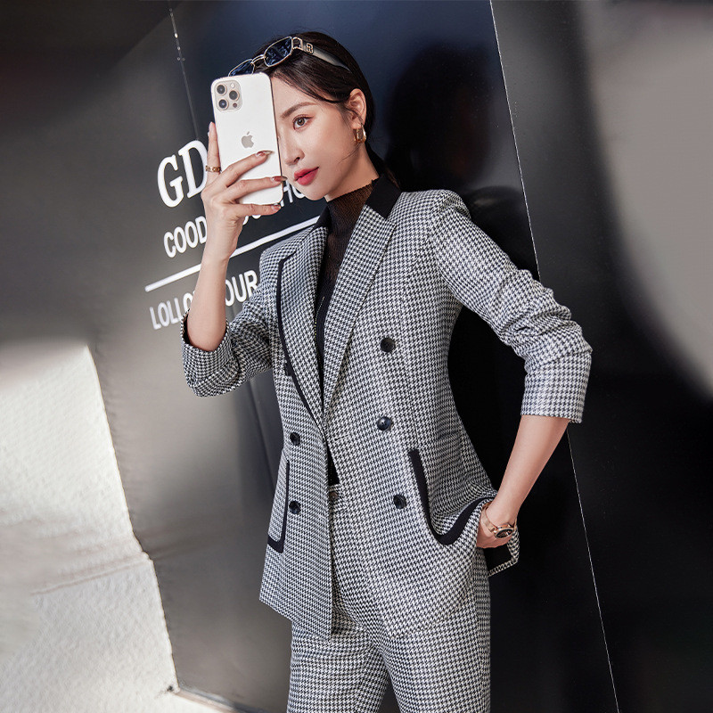 Új szürke ezer madár mintás elegáns irodai alkalmi blézer nadrág öltöny kabát női hosszú ujjú vékony őszi osztott 2 részes női szett