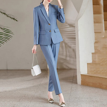 Lenshin 2 τεμαχίων υψηλής ποιότητας γυναικείο κοστούμι παντελόνι Μόδα Επίσημο Γυναικείο Εργασία γραφείου Μπλε Business Σετ μπλέιζερ με δύο κουμπιά