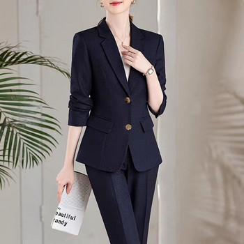 Lenshin 2 τεμαχίων υψηλής ποιότητας γυναικείο κοστούμι παντελόνι Μόδα Επίσημο Γυναικείο Εργασία γραφείου Μπλε Business Σετ μπλέιζερ με δύο κουμπιά