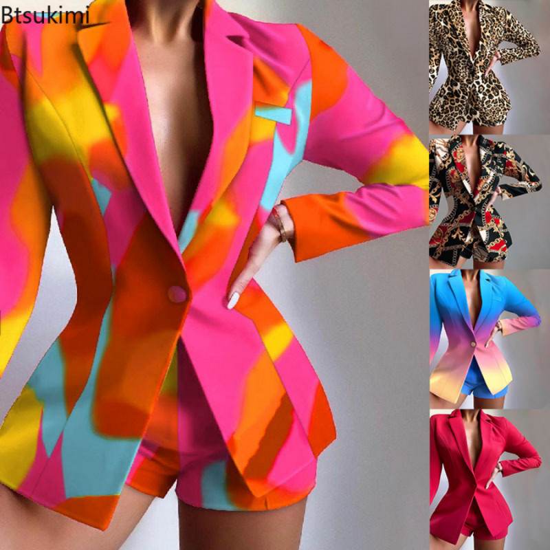 2022-es női 2 db-os készletek Elegáns blézer felsők és rövidnadrágok, öltöny, két darabhoz illeszkedő 2 részes irodai női karcsú szabású nyakkendőfestő ruhák női