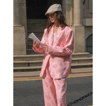 Insozkdg Σετ Κοστούμια Ροζ εμπριμέ χαλαρά, casual μονό κουμπί Blazer ίσιο παντελόνι δύο τεμαχίων σετ ανοιξιάτικες γυναικείες στολές