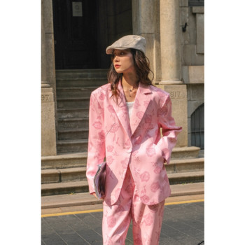 Insozkdg Σετ Κοστούμια Ροζ εμπριμέ χαλαρά, casual μονό κουμπί Blazer ίσιο παντελόνι δύο τεμαχίων σετ ανοιξιάτικες γυναικείες στολές
