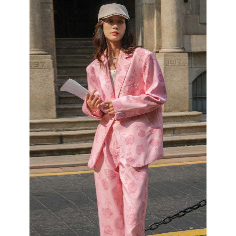 Insozkdg öltönyök készletek rózsaszín nyomtatott laza alkalmi egygombos blézer széles szárú egyenes nadrág kétrészes szett tavaszi női ruhák