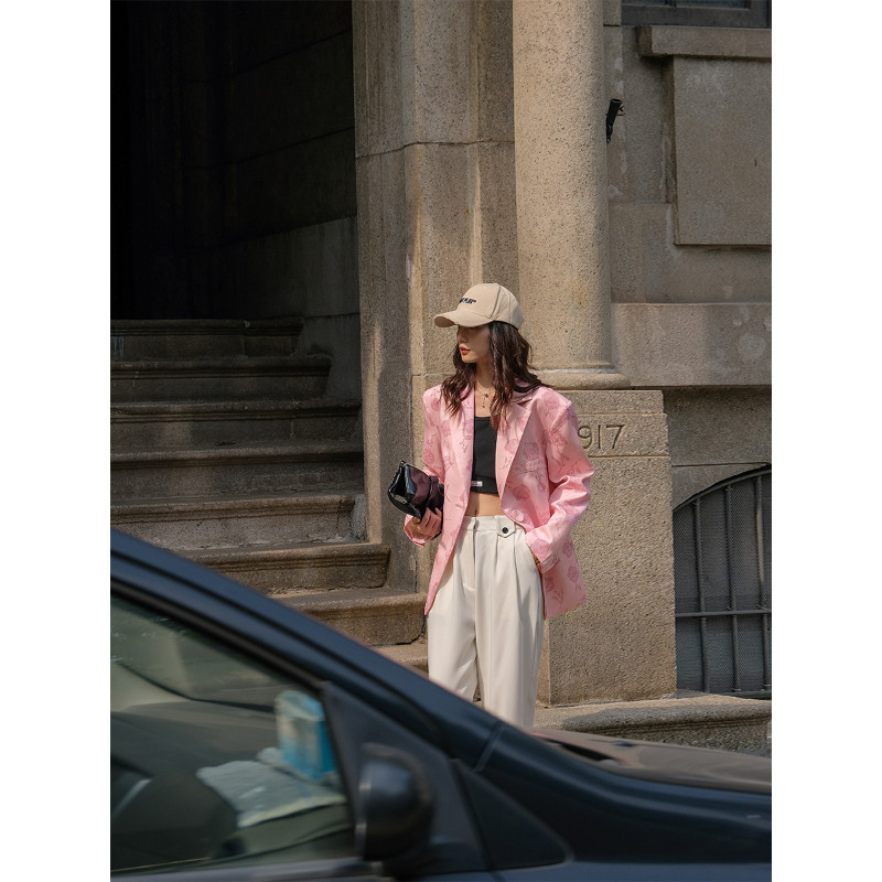 Insozkdg öltönyök készletek rózsaszín nyomtatott laza alkalmi egygombos blézer széles szárú egyenes nadrág kétrészes szett tavaszi női ruhák