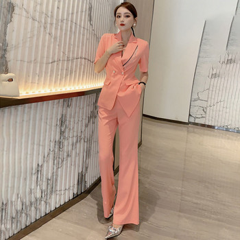 Ανοιξιάτικο καλοκαίρι 2023 Λεπτά γυναικεία σακάκια μακρύ παντελόνι σετ με κουμπιά Κορεατικά Office Lady Lady Slim Suit Παντελόνια Μασίφ παντελόνια T01