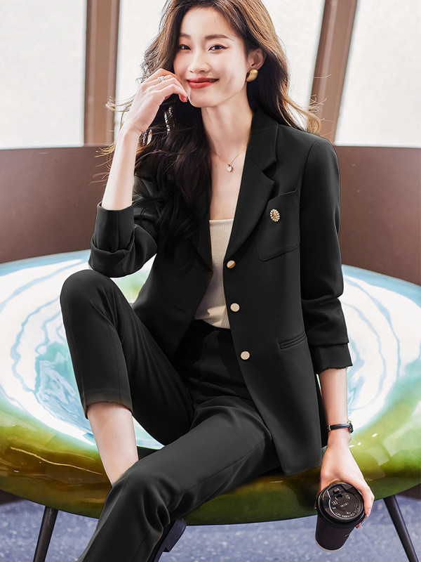 Divatos fekete kávé bézs nadrágkosztüm női formális 2 részes női munkaruha hosszú ujjú dzseki blézer és nadrág