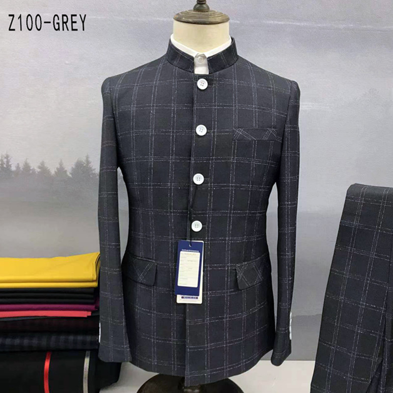 2 db öltöny szett blézer kabát nadrág / 2022 divat férfi alkalmi butik egysoros álló gallér tunika öltöny kabát nadrág