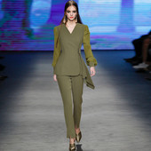 V-nyakú lámpás, hosszú ujjú fűzős becsomagolás szabálytalan felső, egyenes nadrág divatos szett új