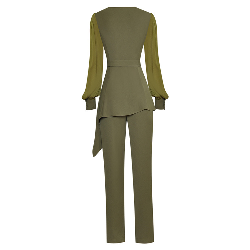 V-nyakú lámpás, hosszú ujjú fűzős becsomagolás szabálytalan felső, egyenes nadrág divatos szett új