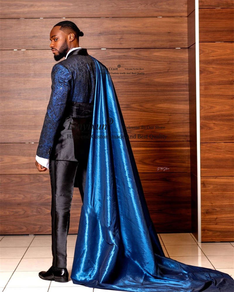 Divatos, kék jacquard férfi esküvői öltöny, karcsú vőlegény szmoking, fényes köpennyel, 2 részes készletek, férfi báli blézerek, jelmezek
