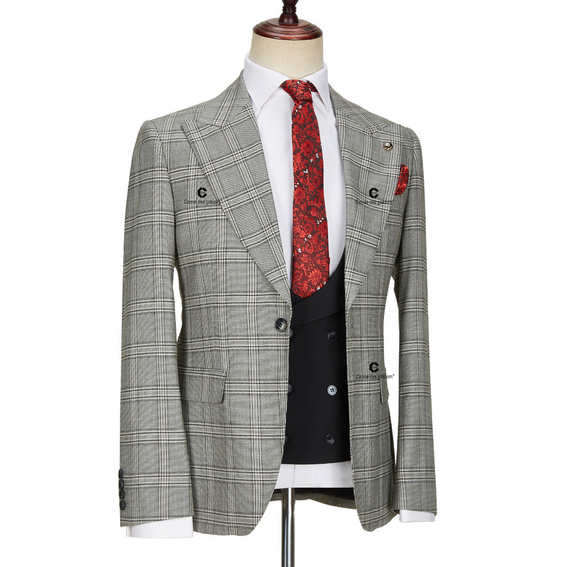 Cenne Des Graoom 2022 Klasszikus Glen Plaid 3 részes, vintage férfi öltöny, blézer fekete mellény nadrág, napi összejövetelre, esküvőre szabva