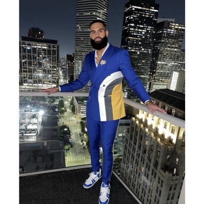 Alkalmi viselet Patchwork blézer nadrág Kék férfi öltöny Egyedi jelmez Homme esküvői vőlegény báli ruhák 2 db férfi blézer készletek